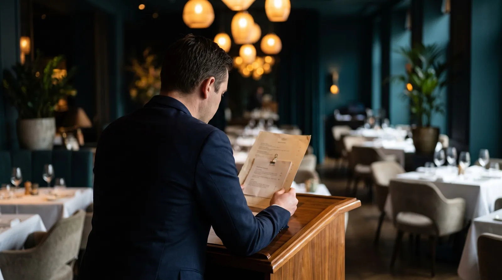 A restaurant manager at a host stand reading a CV with a short cover letter clipped to it after service