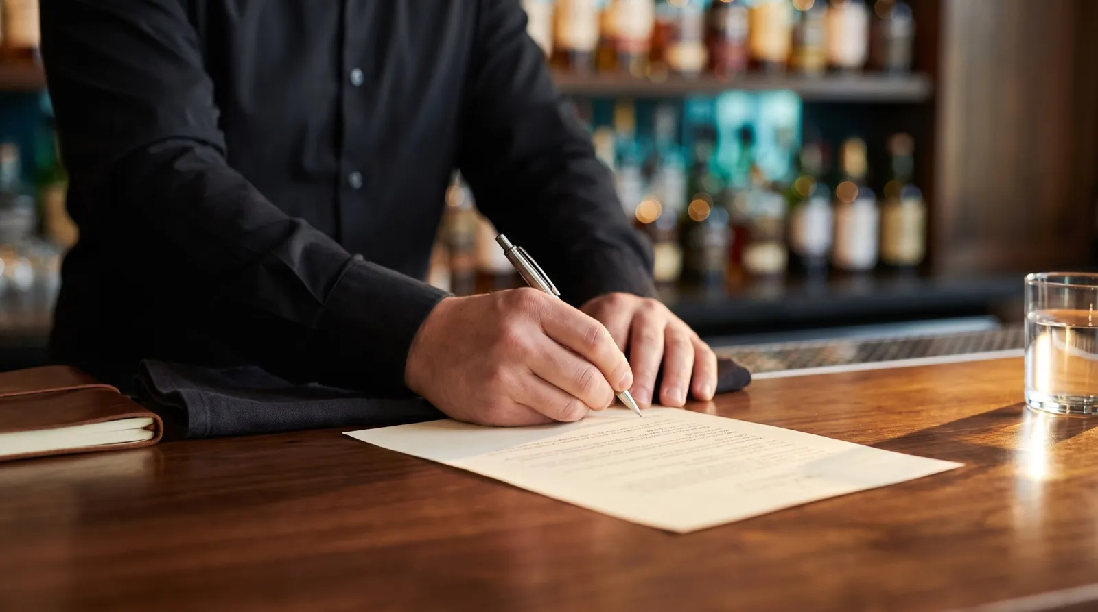 A hospitality worker in a black shirt marking up a printed CV on a wooden bar counter before service
