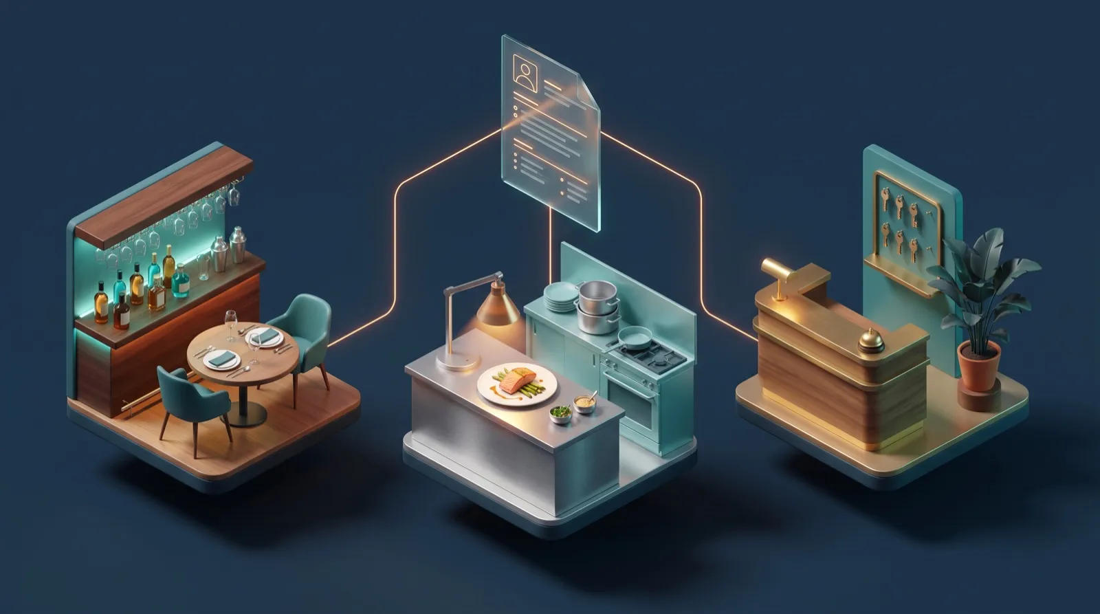Isometric illustration of a restaurant floor, a kitchen pass and a hotel reception desk, each connected to a single CV