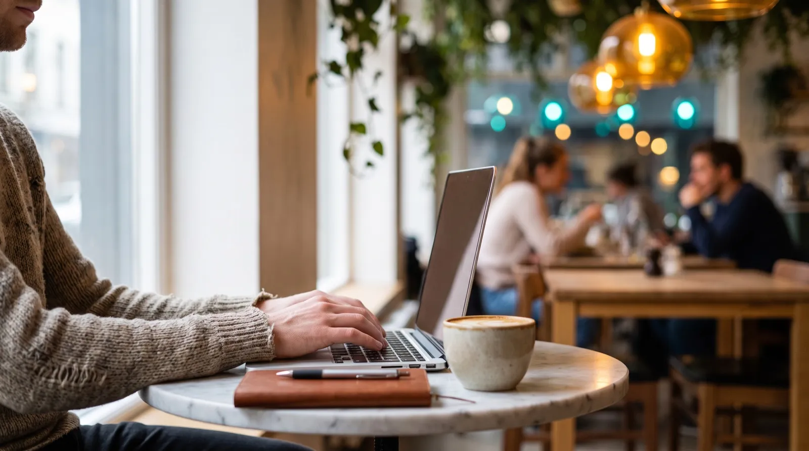 A hospitality worker typing on a laptop at a café table, with a notebook and a flat white beside it